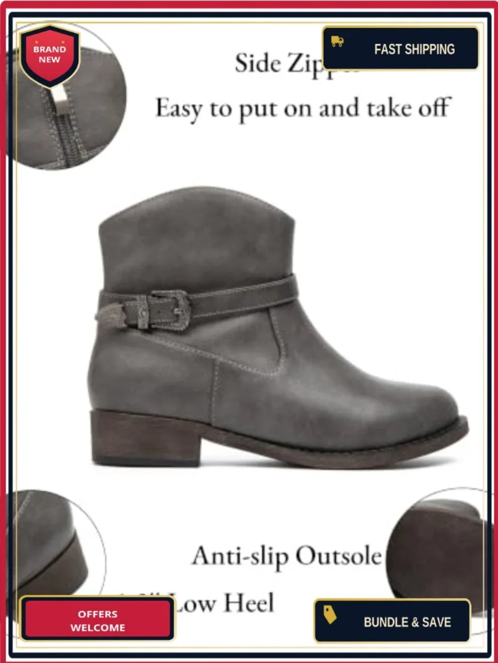 Women's Western Ankle Boots Low Chunky Heel Faux Leather Zipper Side